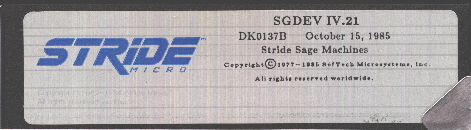 Stride Micro SGDEV IV.21 diskette label